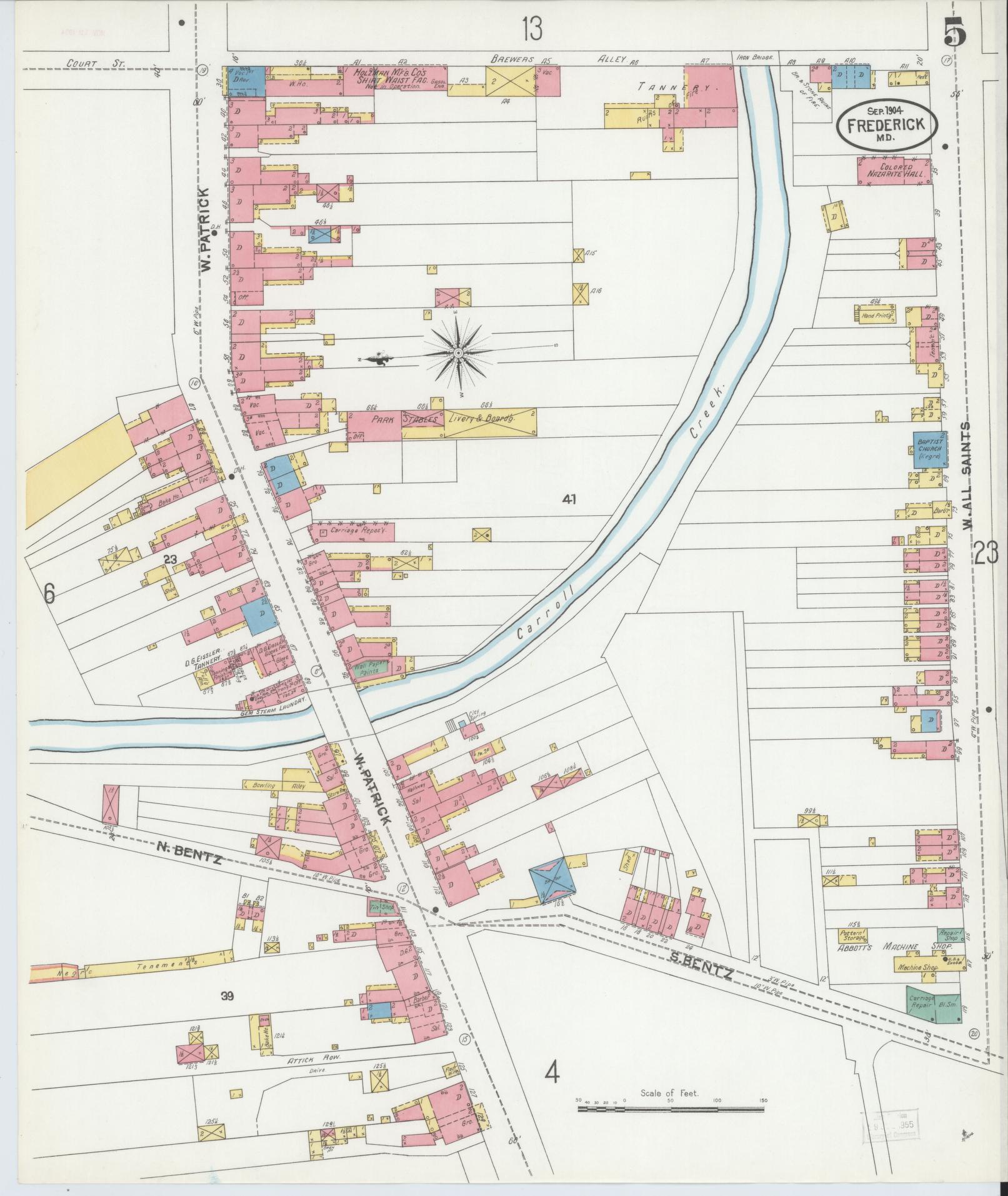 Sanborn Fire Insurance Map from Frederick, Frederick County, Maryland (1904), Sheet #0005 - Historic Sanborn Fire Insurance Map Print, vintage old map wall art