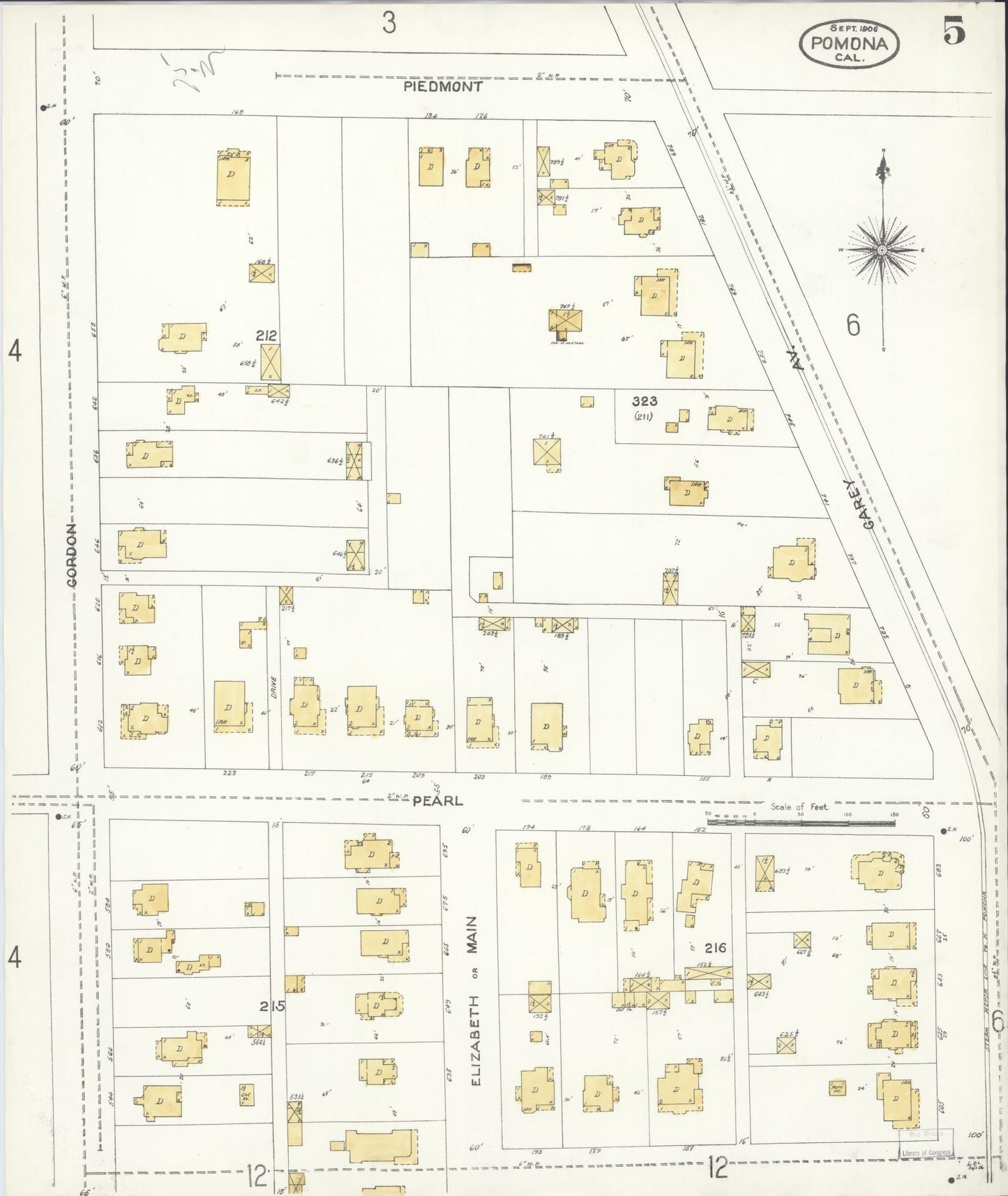 Sanborn Fire Insurance Map from Pomona, Los Angeles County, California (1906), Sheet #0005 - Complete Map Set gallery image, historic Sanborn map, vintage wall art, California California