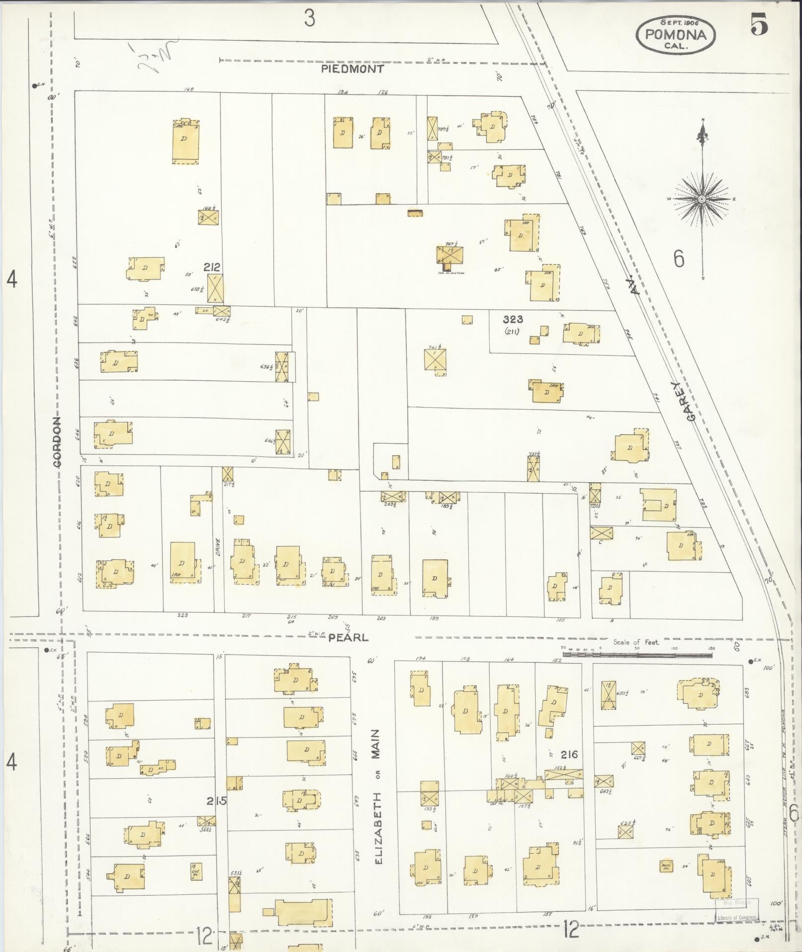 Sanborn Fire Insurance Map from Pomona, Los Angeles County, California (1906), Sheet #0005 - Complete Map Set gallery image, historic Sanborn map, vintage wall art, California California