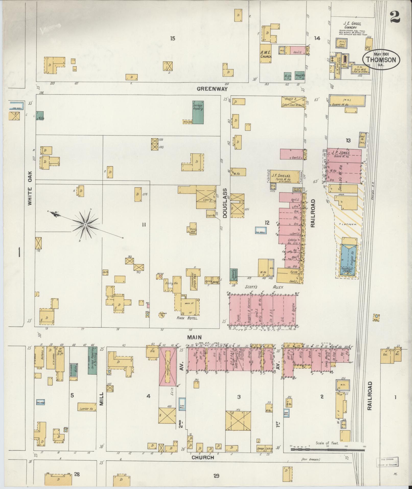 Sanborn Fire Insurance Map from Thomson, McDuffie County, Georgia (1901), Sheet #0002 - Historic Sanborn Fire Insurance Map Print, vintage old map wall art, antique decor, genealogy gift, Georgia Georgia map