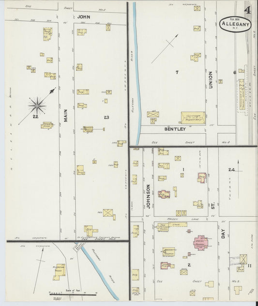 Sanborn Fire Insurance Map from Allegany, Cattaraugus County, New York (1891), Sheet #0004 - Historic Sanborn Fire Insurance Map Print, vintage old map wall art, antique decor, genealogy gift, New York New York map