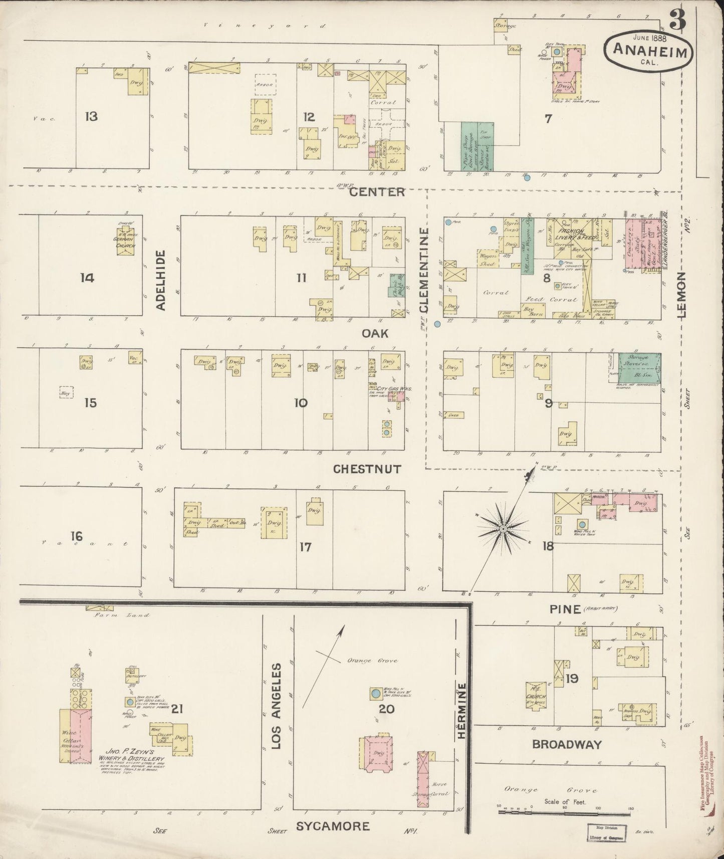 Sanborn Fire Insurance Map from Anaheim, Orange County, California (1888), Sheet #0003 - Historic Sanborn Fire Insurance Map Print, vintage old map wall art, antique decor, genealogy gift, California California map