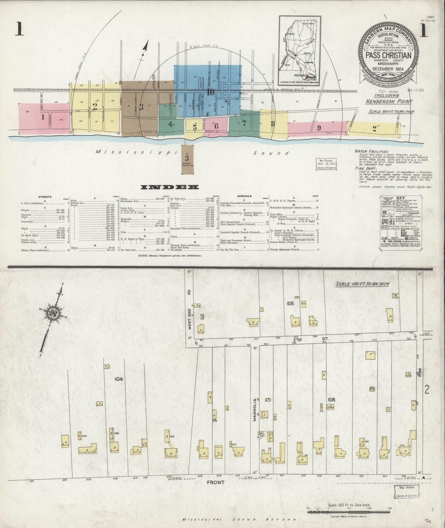 Sanborn Fire Insurance Map from Pass Christian, Harrison County, Mississippi (1924), Sheet #0001 - Historic Sanborn Fire Insurance Map Print, vintage old map wall art, antique decor, genealogy gift, Mississippi Mississippi map