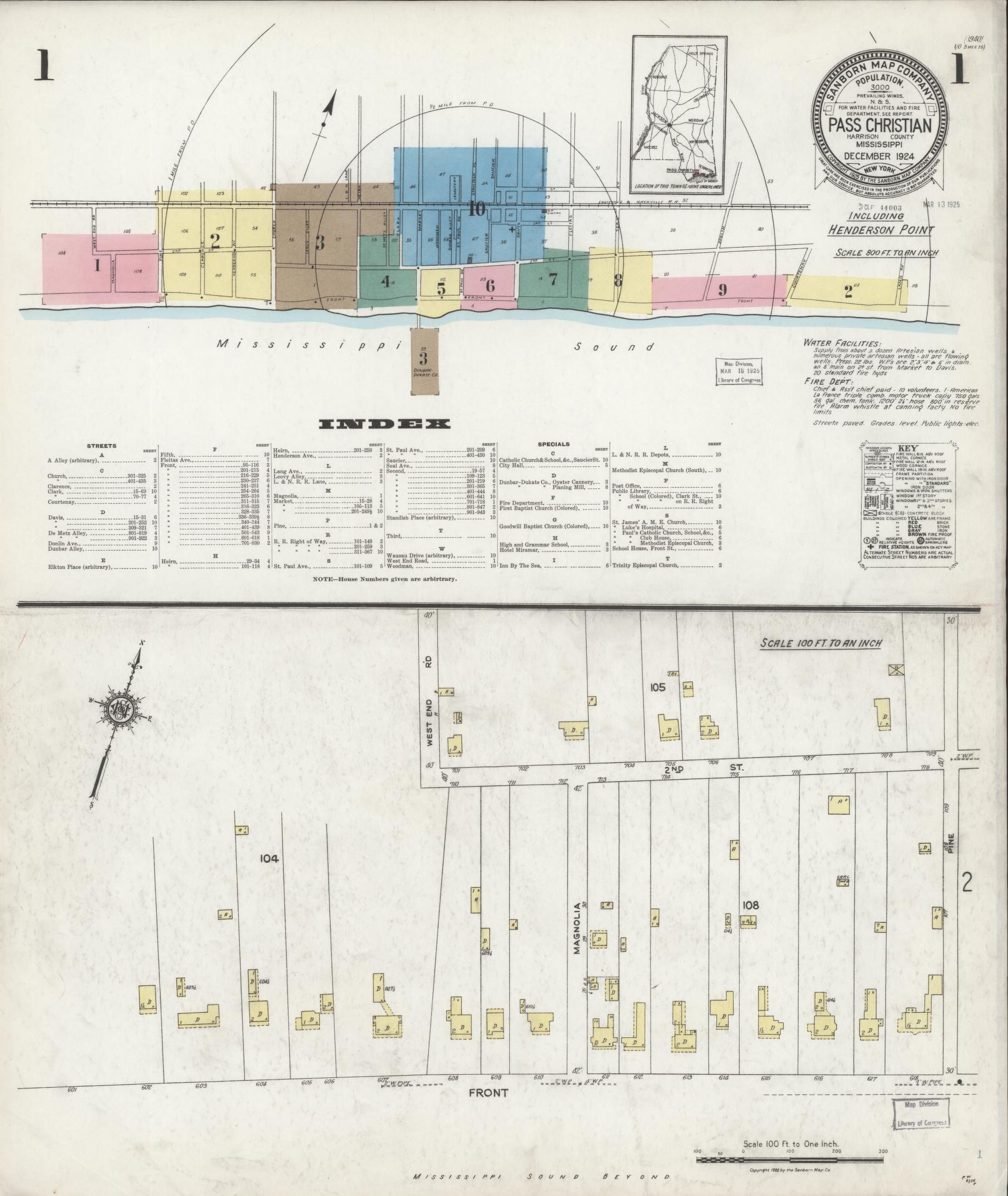 Sanborn Fire Insurance Map from Pass Christian, Harrison County, Mississippi (1924), Sheet #0001 - Historic Sanborn Fire Insurance Map Print, vintage old map wall art, antique decor, genealogy gift, Mississippi Mississippi map
