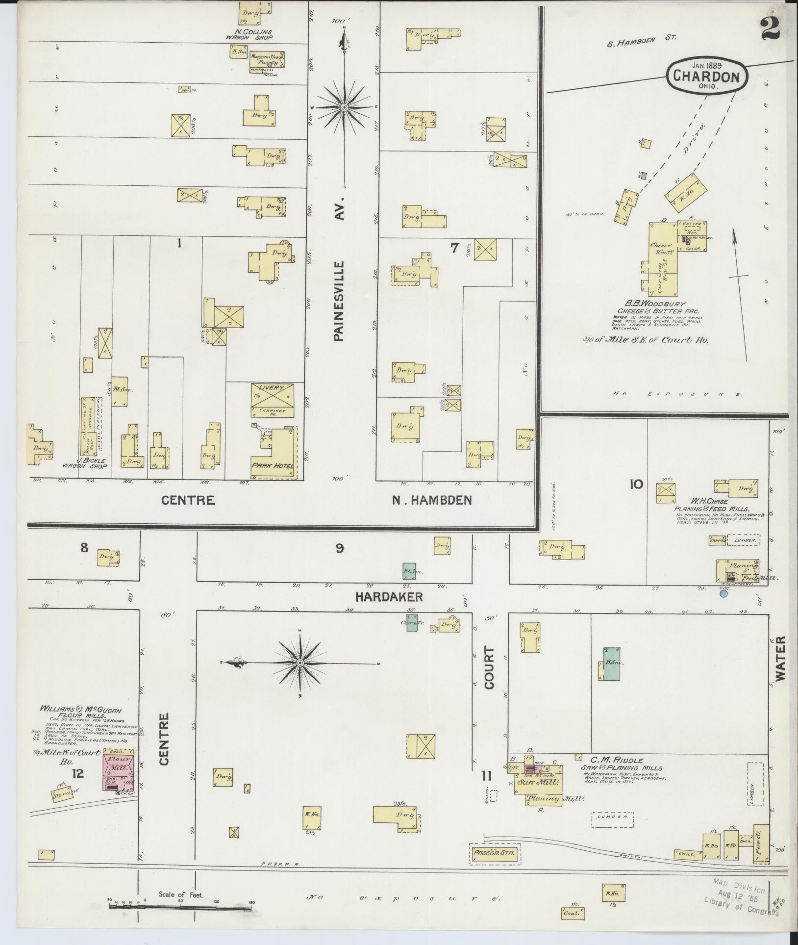 Sanborn Fire Insurance Map from Chardon, Geauga County, Ohio (1889), Sheet #0002 - Historic Sanborn Fire Insurance Map Print, vintage old map wall art, antique decor, genealogy gift, Ohio Ohio map