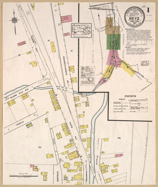 Sanborn Fire Insurance Map from Hays, Allegheny County, Pennsylvania (1917), Sheet #0001 - Historic Sanborn Fire Insurance Map Print, vintage old map wall art, antique decor, genealogy gift, Pennsylvania Pennsylvania map