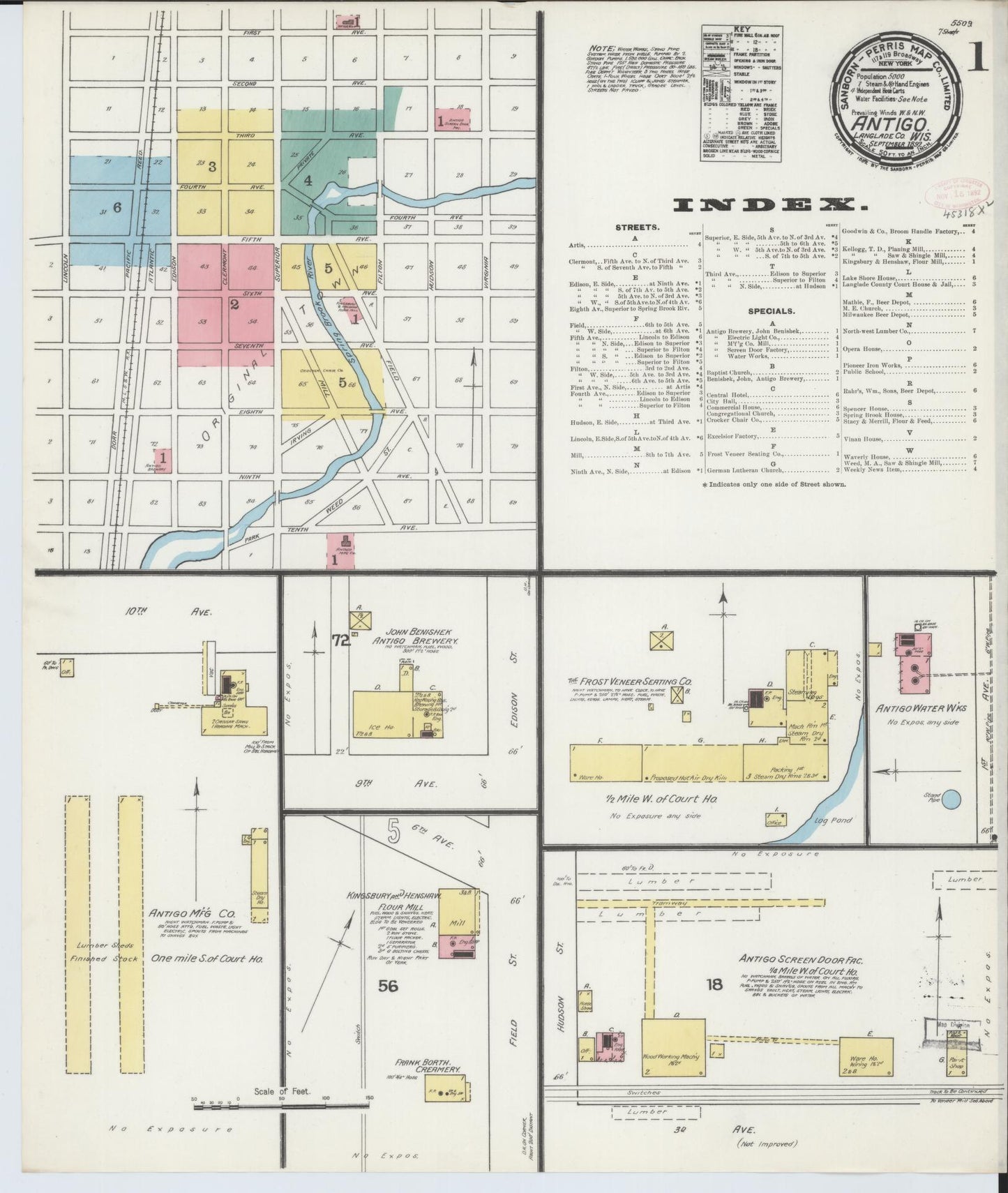 Sanborn Fire Insurance Map from Antigo, Langlade County, Wisconsin (1892), Sheet #0001 - Complete Map Set gallery image, historic Sanborn map, vintage wall art, Wisconsin Wisconsin