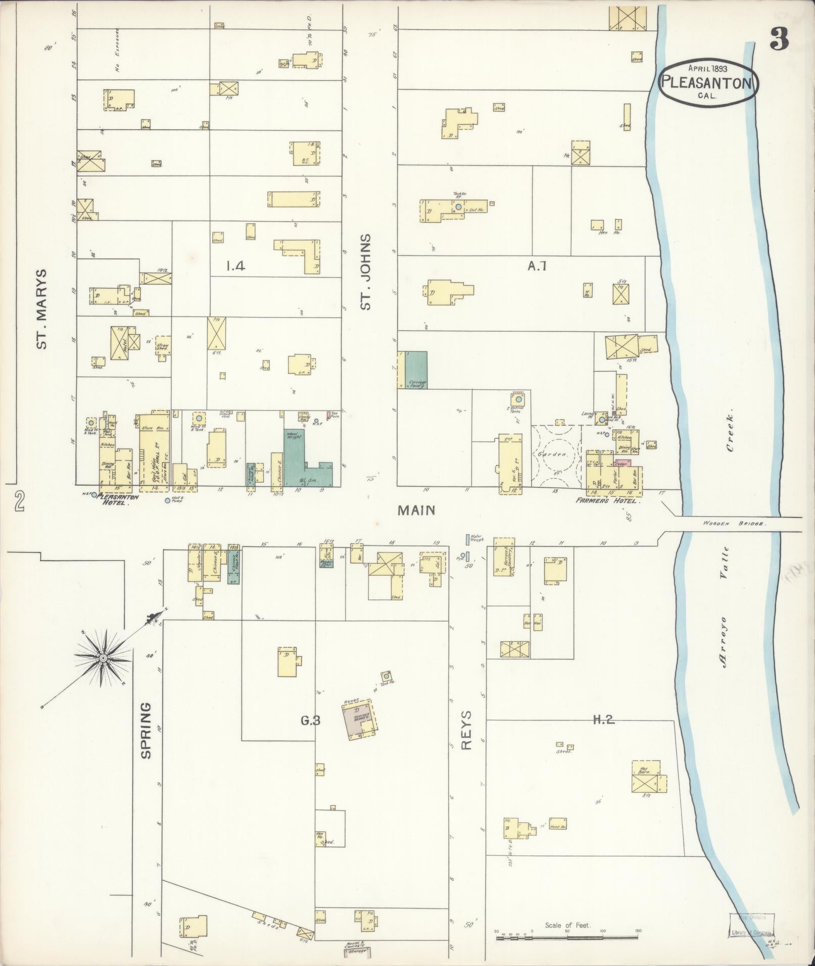 Sanborn Fire Insurance Map from Pleasanton, Alameda County, California (1893), Sheet #0003 - Complete Map Set gallery image, historic Sanborn map, vintage wall art, California California