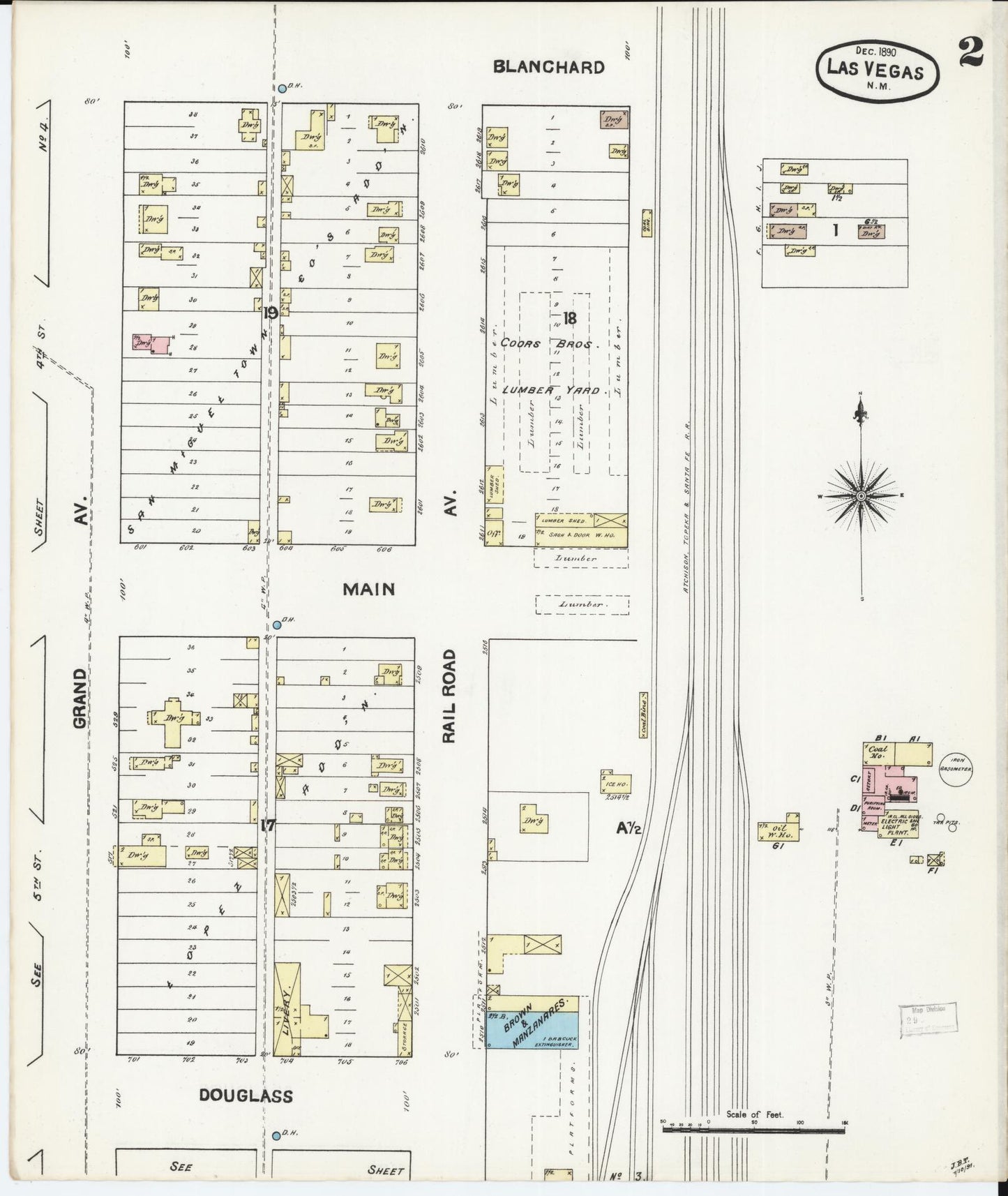 Sanborn Fire Insurance Map from Las Vegas, San Miguel County, New Mexico (1890), Sheet #0002 - Complete Map Set gallery image, historic Sanborn map, vintage wall art, New Mexico New Mexico
