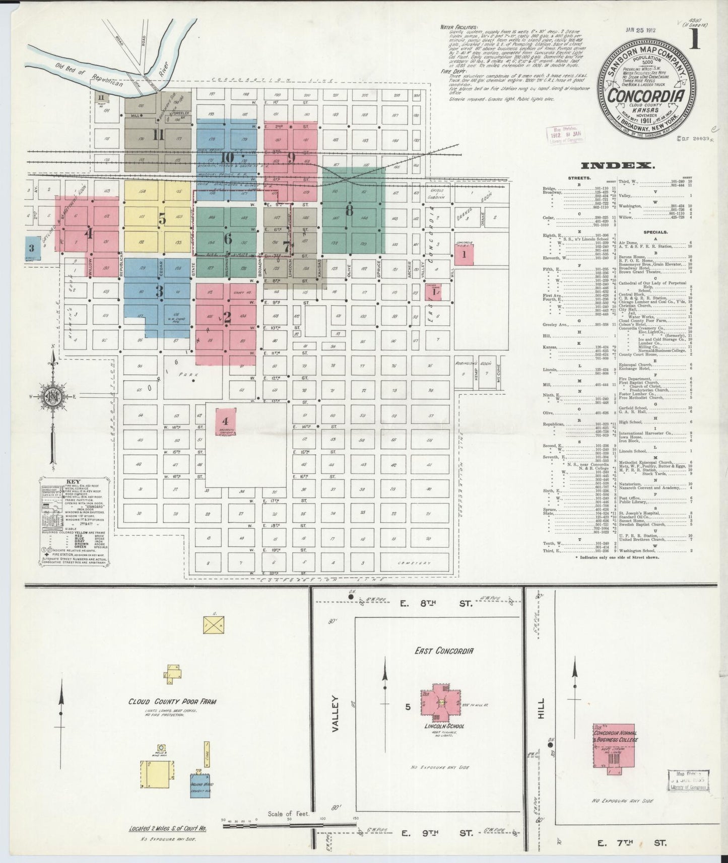 Sanborn Fire Insurance Map from Concordia, Cloud County, Kansas (1911), Sheet #0001 - Complete Map Set gallery image, historic Sanborn map, vintage wall art, Kansas Kansas
