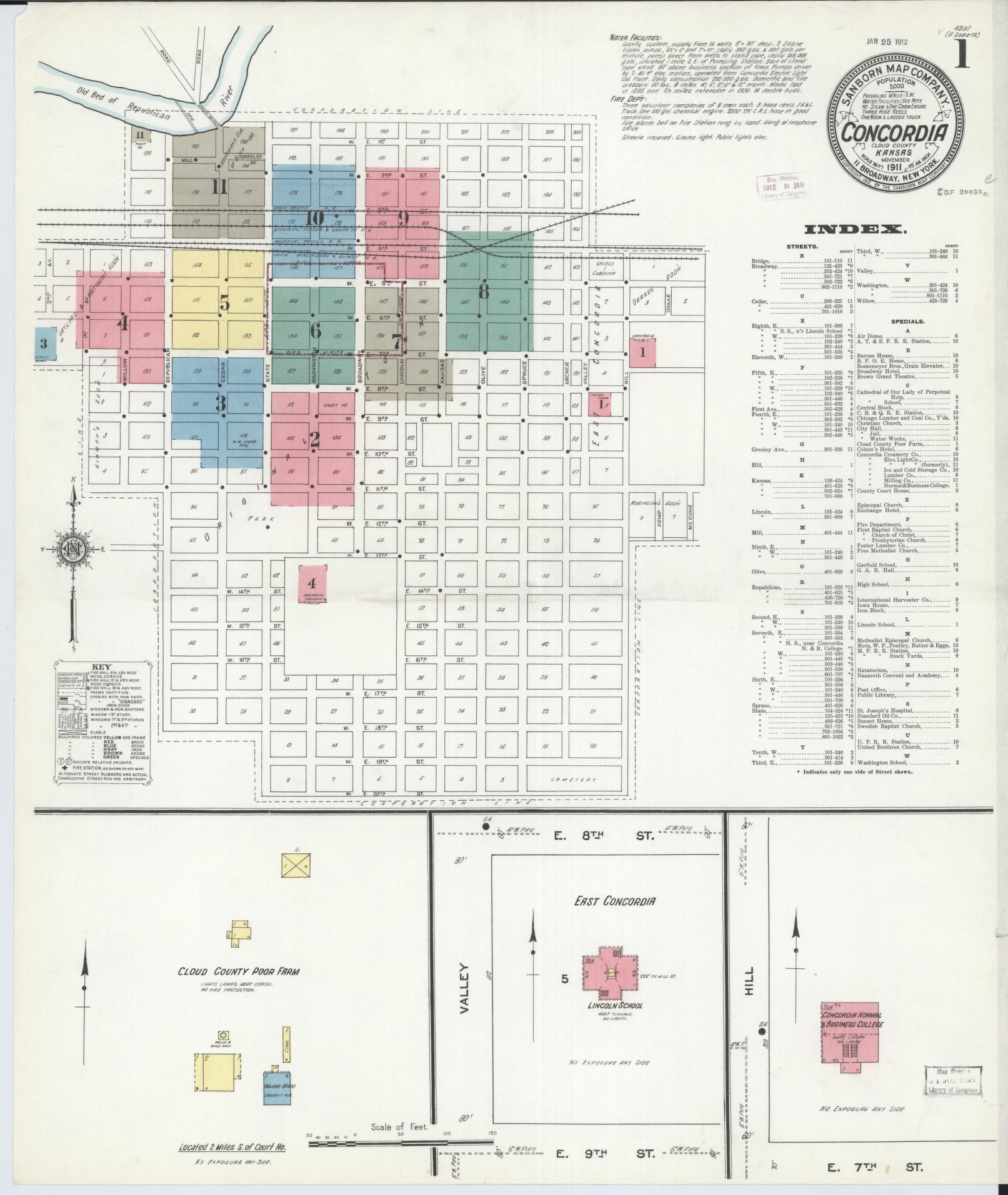 Sanborn Fire Insurance Map from Concordia, Cloud County, Kansas (1911), Sheet #0001 - Complete Map Set gallery image, historic Sanborn map, vintage wall art, Kansas Kansas