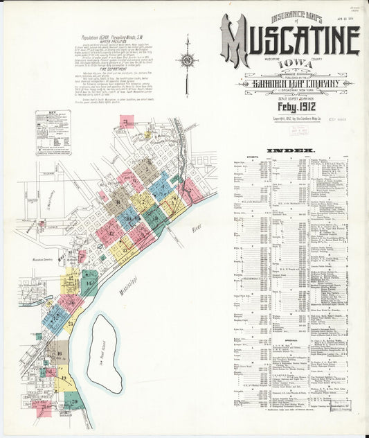 Sanborn Fire Insurance Map from Muscatine, Muscatine County, Iowa (1912), Sheet #0001 - Historic Sanborn Fire Insurance Map Print, vintage old map wall art