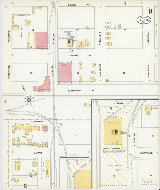 Sanborn Fire Insurance Map from Terrell, Kaufman County, Texas (1902), Sheet #0009 - Historic Sanborn Fire Insurance Map Print, vintage old map wall art, antique decor, genealogy gift, Texas Texas map