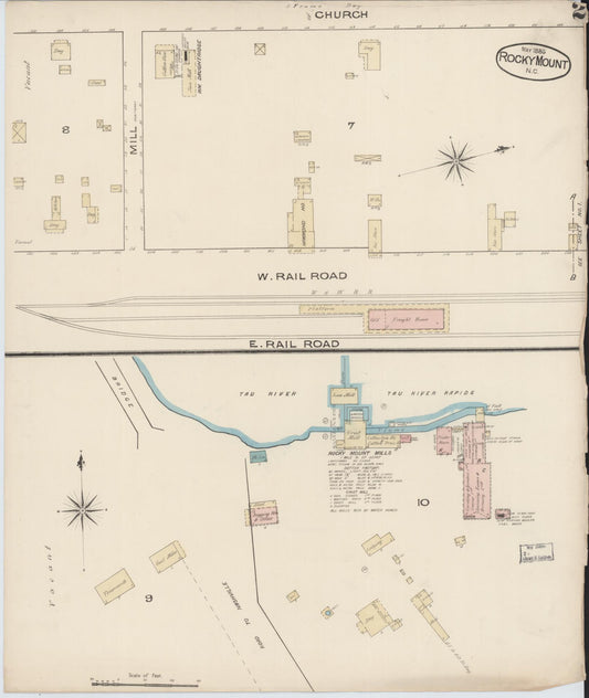 Sanborn Fire Insurance Map from Rocky Mount, Edgecombe And Nash Counties, North Carolina (1885), Sheet #0002 - Historic Sanborn Fire Insurance Map Print, vintage old map wall art, antique decor, genealogy gift, North Carolina North Carolina map