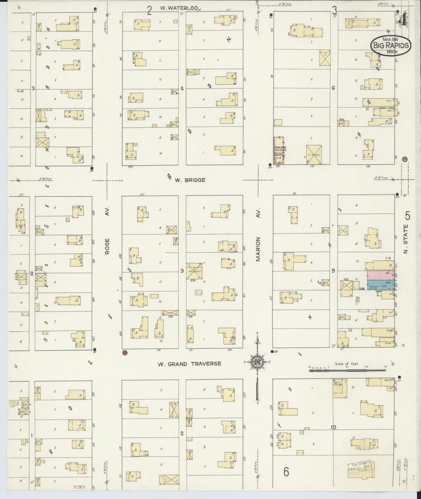 Sanborn Fire Insurance Map from Big Rapids, Mecosta County, Michigan (1914), Sheet #0004 - Historic Sanborn Fire Insurance Map Print, vintage old map wall art, antique decor, genealogy gift, Michigan Michigan map