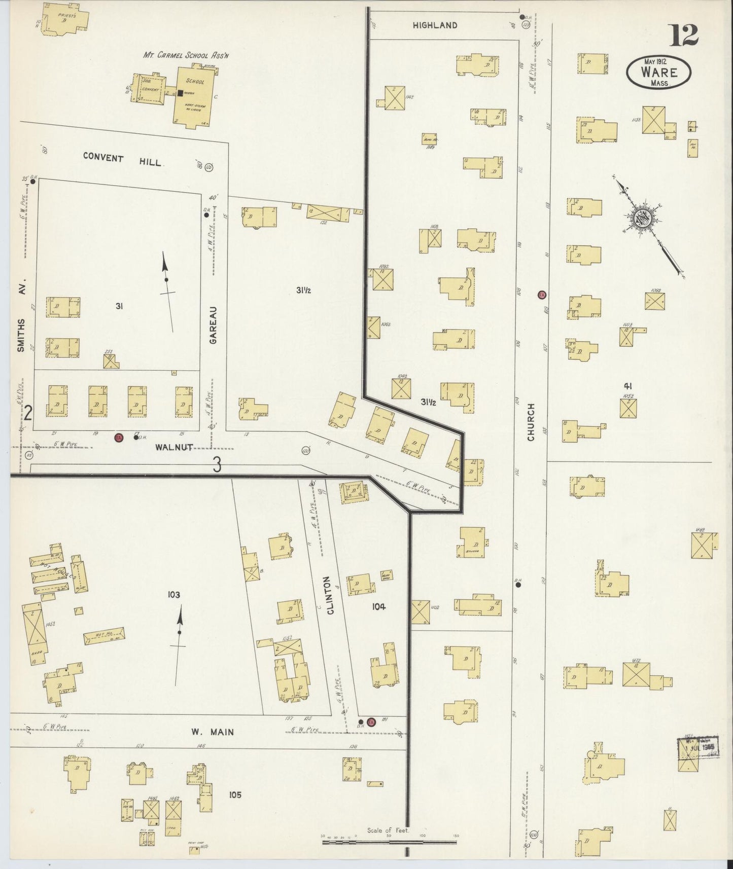 Sanborn Fire Insurance Map from Ware, Hampshire County, Massachusetts (1912), Sheet #0012 - Historic Sanborn Fire Insurance Map Print, vintage old map wall art, antique decor, genealogy gift, Massachusetts Massachusetts map