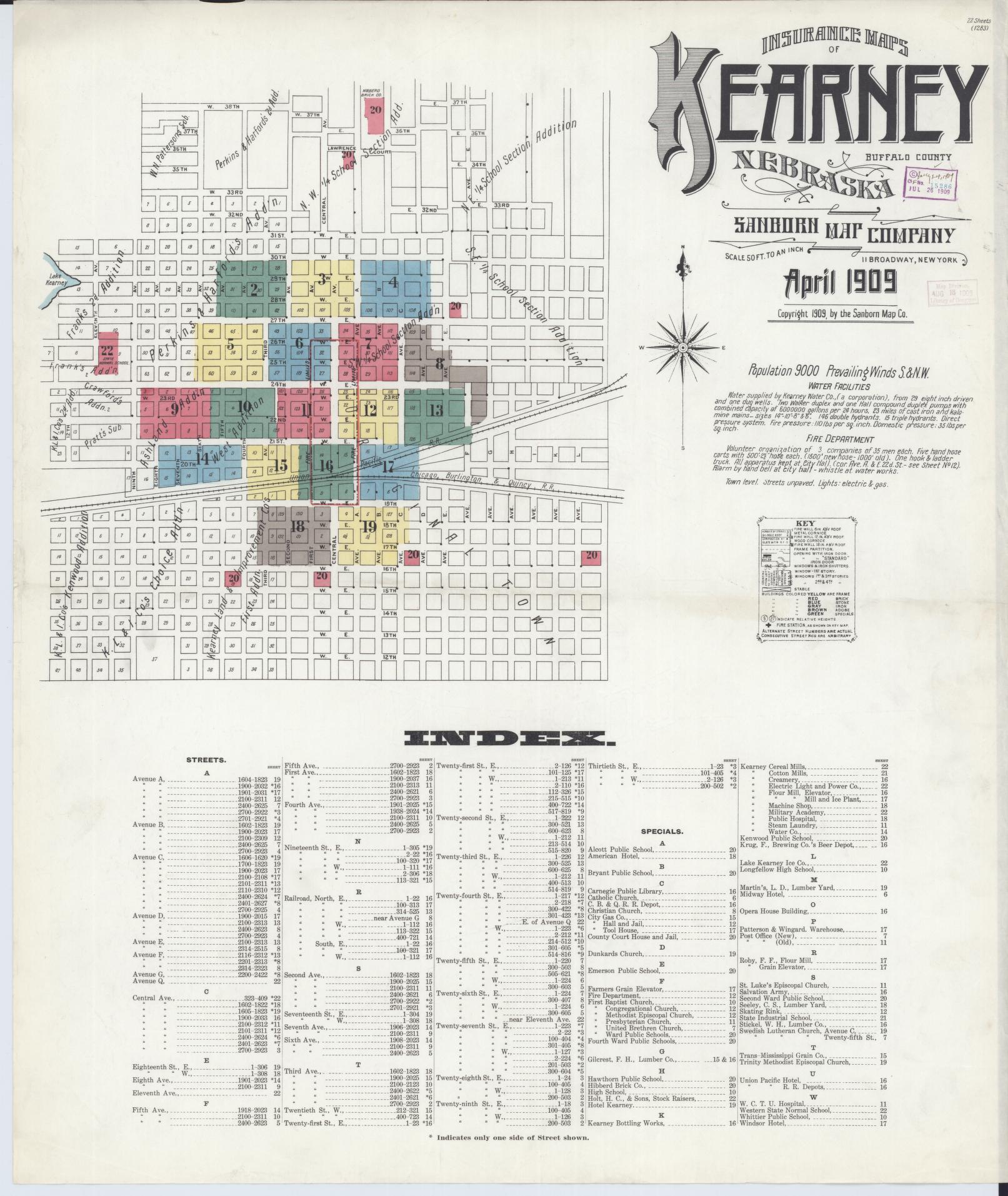 Sanborn Fire Insurance Map from Kearney, Buffalo County, Nebraska (1909), Sheet #0001 - Historic Sanborn Fire Insurance Map Print, vintage old map wall art, antique decor, genealogy gift, Nebraska Nebraska map