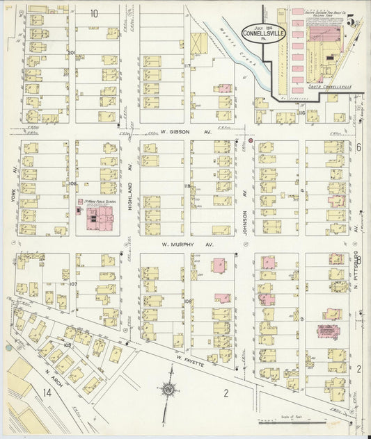 Sanborn Fire Insurance Map from Connellsville, Fayette County, Pennsylvania (1914), Sheet #0005 - Historic Sanborn Fire Insurance Map Print, vintage old map wall art, antique decor, genealogy gift, Pennsylvania Pennsylvania map