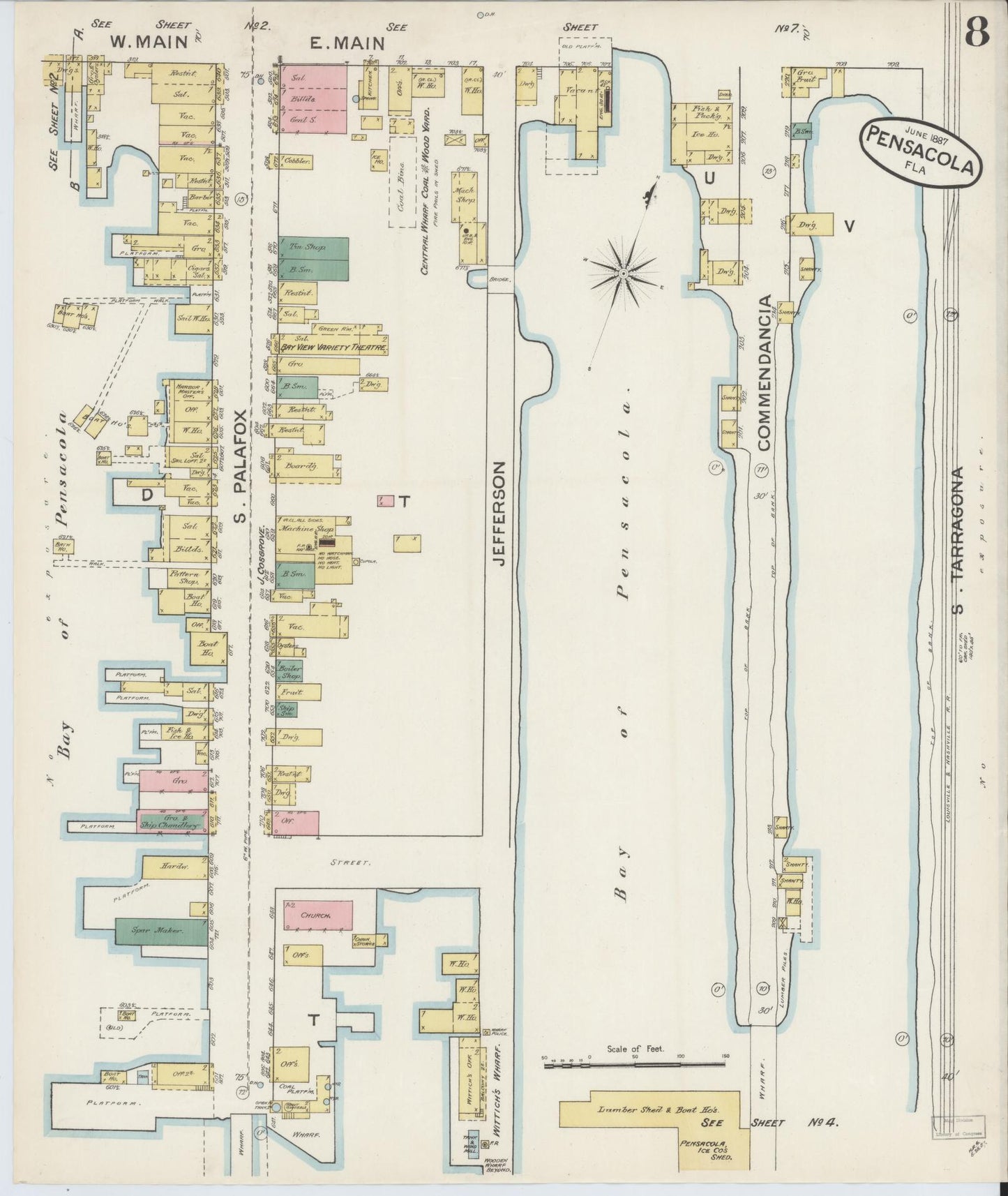 Sanborn Fire Insurance Map from Pensacola, Escambia County, Florida (1887), Sheet #0008 - Complete Map Set gallery image, historic Sanborn map, vintage wall art, Florida Florida
