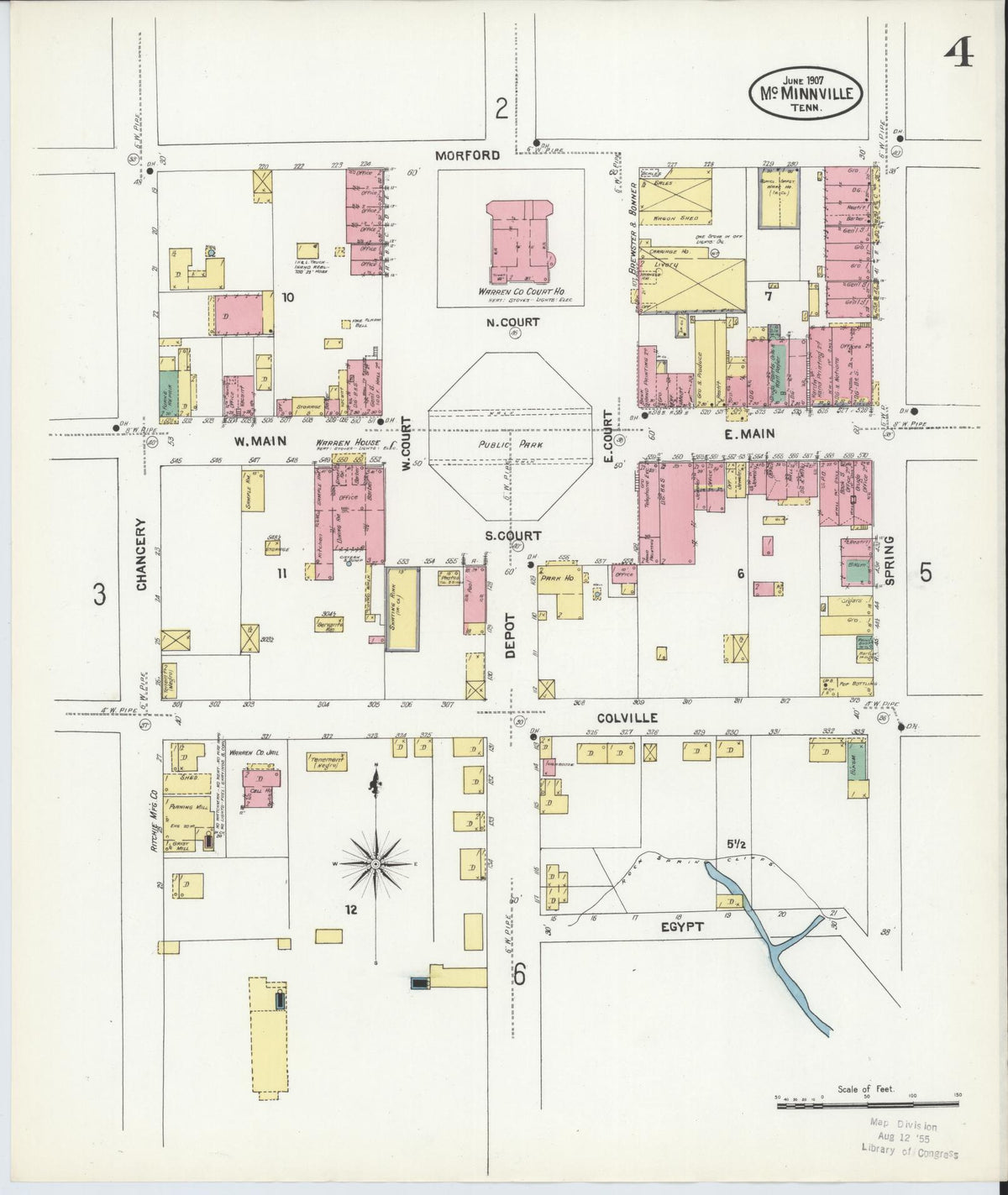Sanborn Fire Insurance Map from McMinnville, Warren County, Tennessee (1907), Sheet #0004 - Complete Map Set gallery image, historic Sanborn map, vintage wall art, Tennessee Tennessee