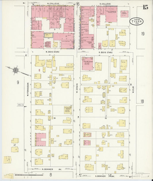 Sanborn Fire Insurance Map from Tyler, Smith County, Texas (1912), Sheet #0015 - Historic Sanborn Fire Insurance Map Print, vintage old map wall art, antique decor, genealogy gift, Texas Texas map