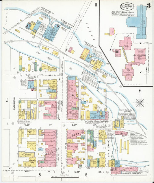 Sanborn Fire Insurance Map from Cedar Falls, Black Hawk County, Iowa (1900), Sheet #0003 - Historic Sanborn Fire Insurance Map Print, vintage old map wall art