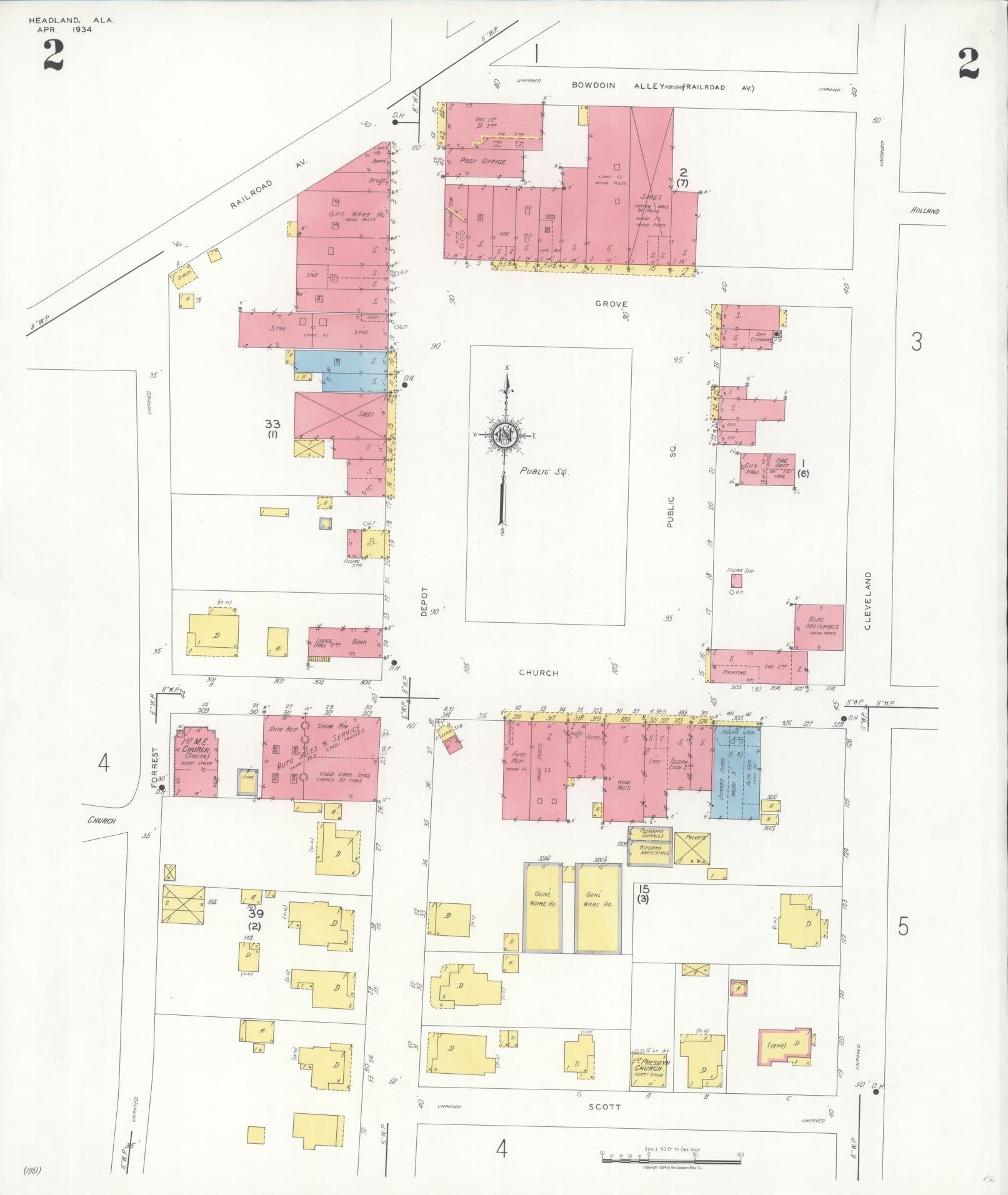 Sanborn Fire Insurance Map from Headland, Henry County, Alabama (1934), Sheet #0002 - Historic Sanborn Fire Insurance Map Print, vintage old map wall art, antique decor, genealogy gift, Alabama Alabama map