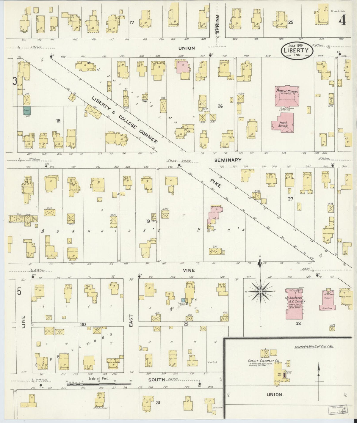 Sanborn Fire Insurance Map from Liberty, Union County, Indiana (1909), Sheet #0004 - Historic Sanborn Fire Insurance Map Print, vintage old map wall art, antique decor, genealogy gift, Indiana Indiana map