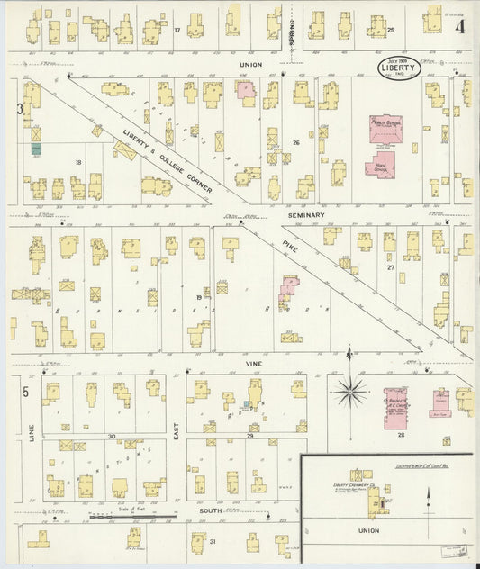 Sanborn Fire Insurance Map from Liberty, Union County, Indiana (1909), Sheet #0004 - Historic Sanborn Fire Insurance Map Print, vintage old map wall art, antique decor, genealogy gift, Indiana Indiana map