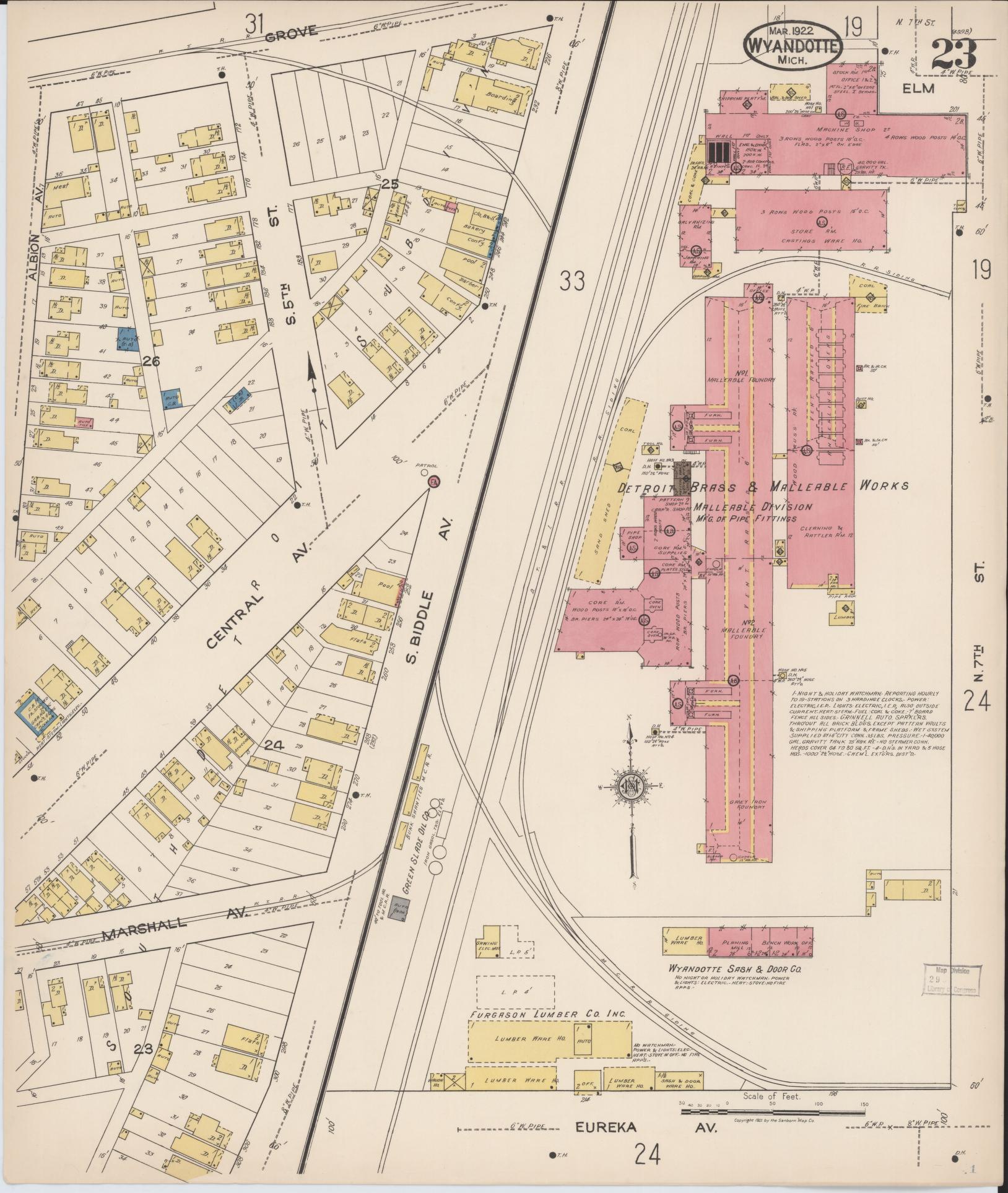 Sanborn Fire Insurance Map from Wyandotte, Wayne County, Michigan (1922), Sheet #0023 - Historic Sanborn Fire Insurance Map Print, vintage old map wall art, antique decor, genealogy gift, Michigan Michigan map