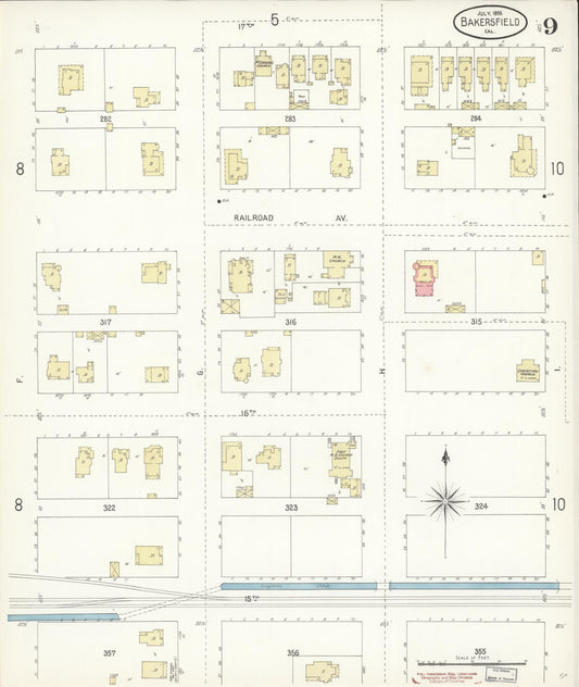 Sanborn Fire Insurance Map from Bakersfield, Kern County, California (1899), Sheet #0009 - Historic Sanborn Fire Insurance Map Print, vintage old map wall art, antique decor, genealogy gift, California California map