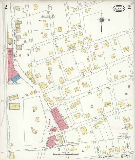 Sanborn Fire Insurance Map from Jellico, Whitley County, Ky., and Campbell County, Tenna, Kentucky (1923), Sheet #0002 - Historic Sanborn Fire Insurance Map Print, vintage old map wall art, antique decor, genealogy gift, Kentucky Kentucky map