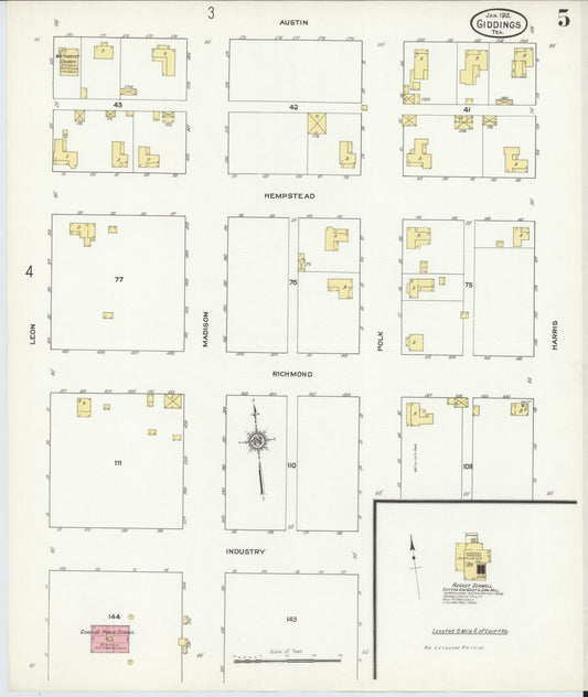 Sanborn Fire Insurance Map from Giddings, Lee County, Texas (1912), Sheet #0005 - Historic Sanborn Fire Insurance Map Print, vintage old map wall art, antique decor, genealogy gift, Texas Texas map