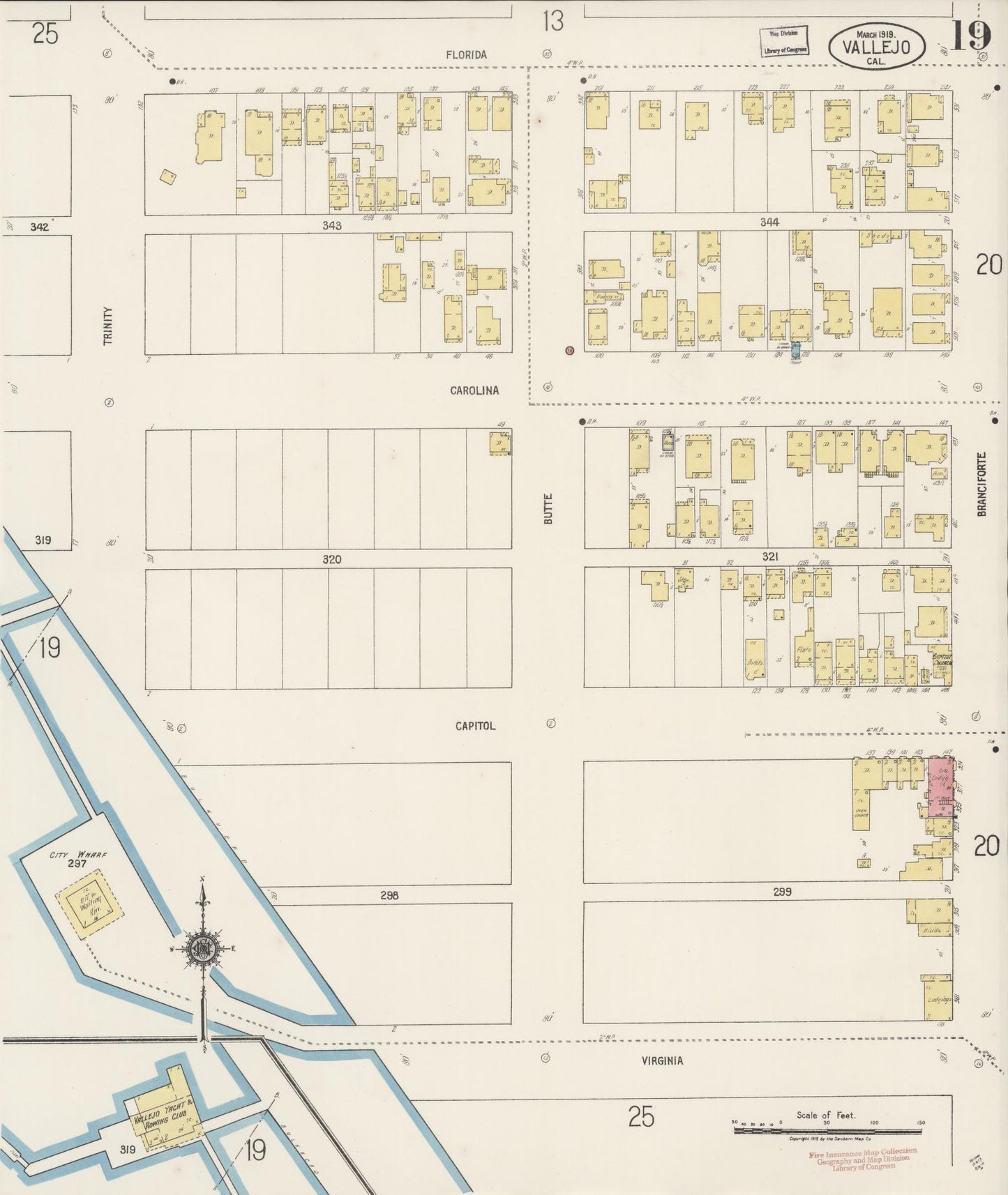 Sanborn Fire Insurance Map from Vallejo, Solano County, California (1919), Sheet #0019 - Complete Map Set gallery image, historic Sanborn map, vintage wall art, California California