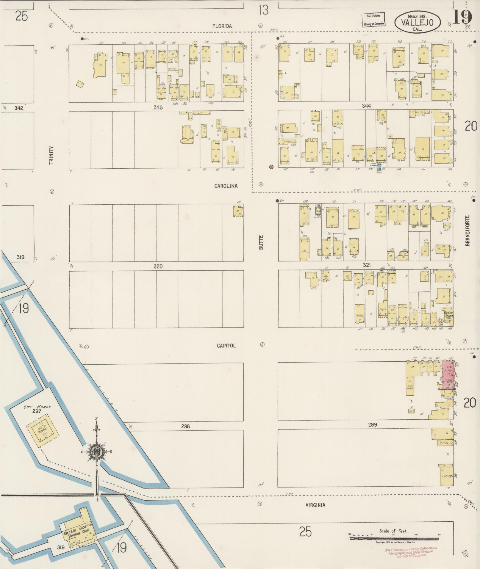 Sanborn Fire Insurance Map from Vallejo, Solano County, California (1919), Sheet #0019 - Complete Map Set gallery image, historic Sanborn map, vintage wall art, California California