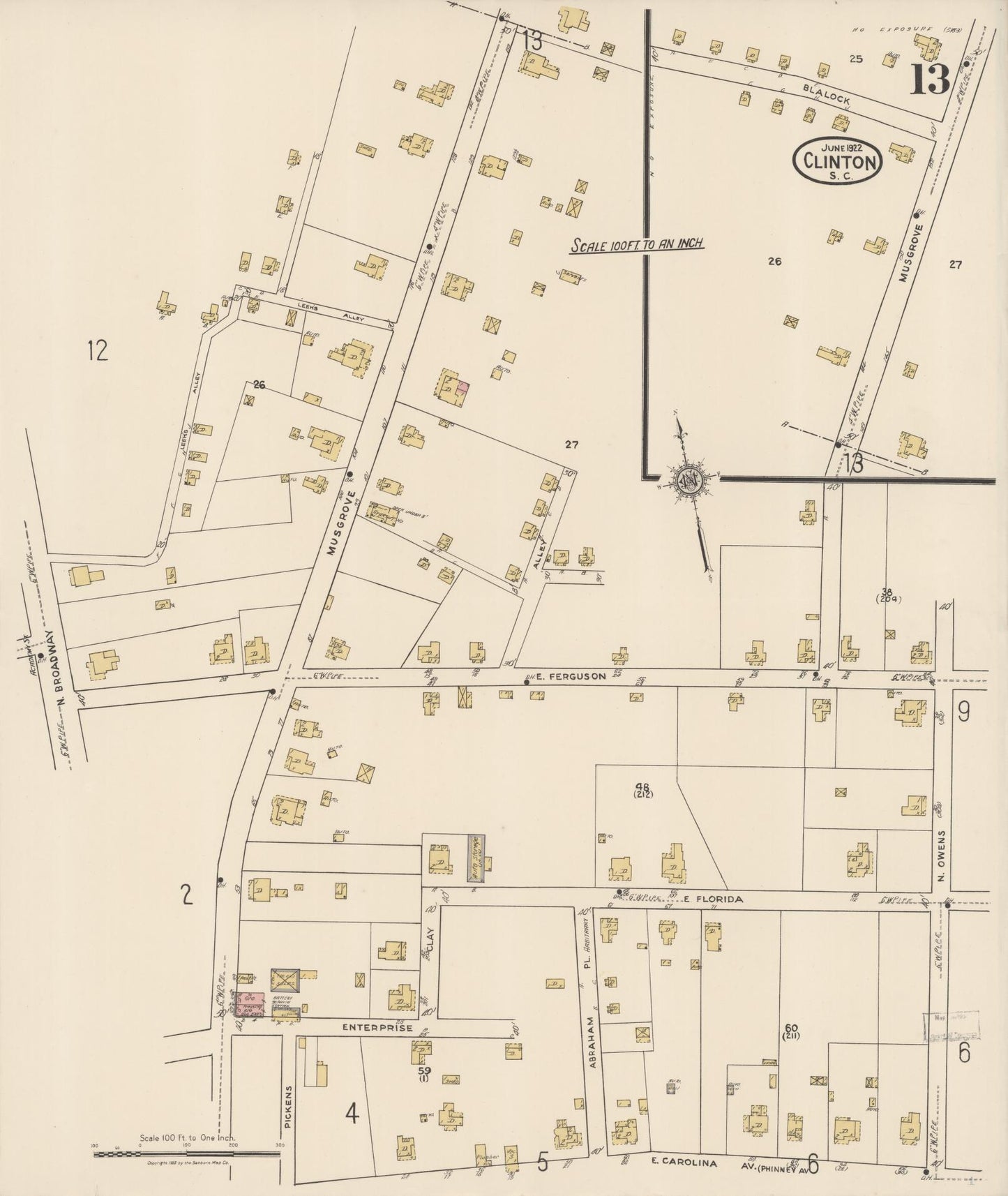 Sanborn Fire Insurance Map from Clinton, Laurens County, South Carolina (1922), Sheet #0013 - Complete Map Set gallery image, historic Sanborn map, vintage wall art, South Carolina South Carolina