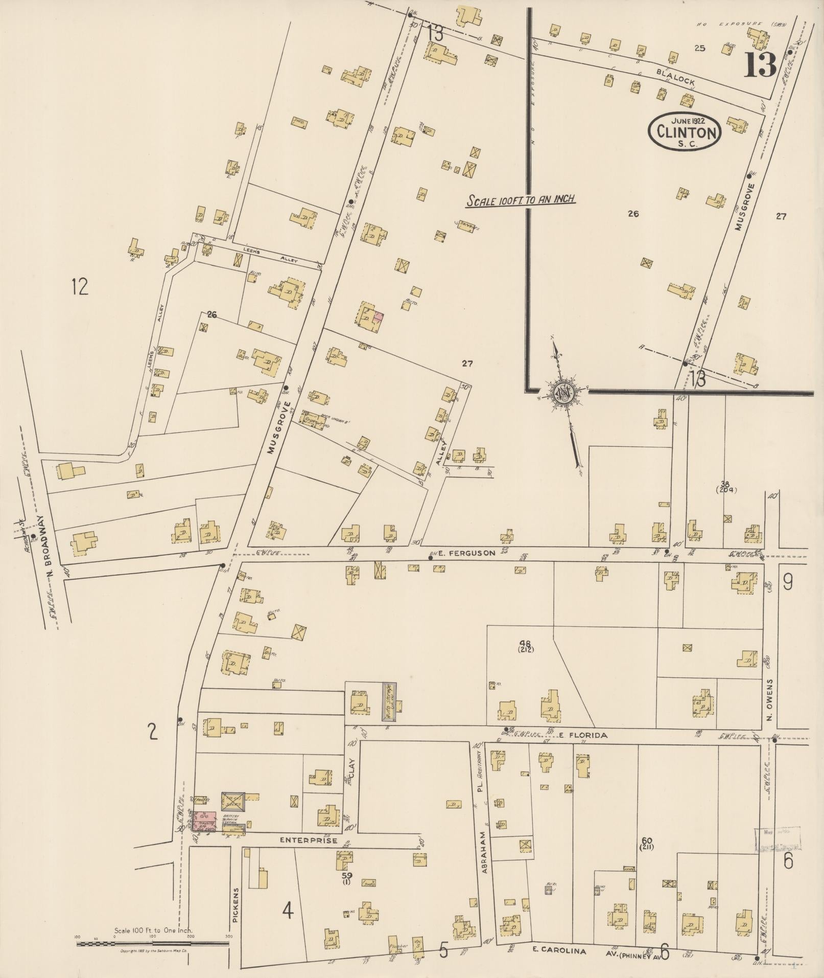 Sanborn Fire Insurance Map from Clinton, Laurens County, South Carolina (1922), Sheet #0013 - Complete Map Set gallery image, historic Sanborn map, vintage wall art, South Carolina South Carolina
