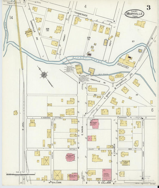 Sanborn Fire Insurance Map from Maryville, Blount County, Tennessee (1917), Sheet #0003 - Historic Sanborn Fire Insurance Map Print, vintage old map wall art, antique decor, genealogy gift, Tennessee Tennessee map