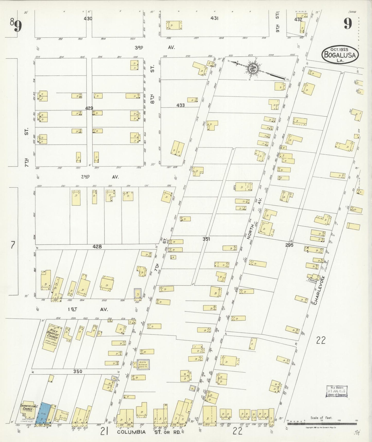 Sanborn Fire Insurance Map from Bogalusa, Washington Parish, Louisiana (1925), Sheet #0009 - Complete Map Set gallery image, historic Sanborn map, vintage wall art, Louisiana Louisiana