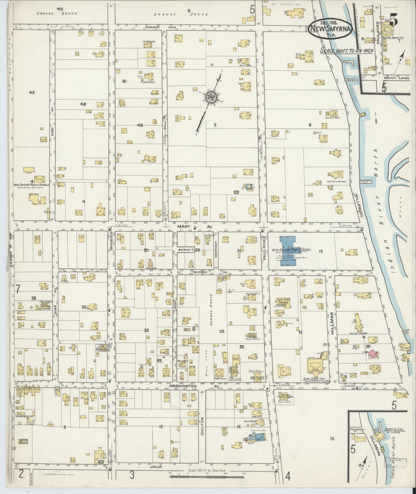 Sanborn Fire Insurance Map from New Smyrna, Valusia County, Florida (1916), Sheet #0005 - Complete Map Set gallery image, historic Sanborn map, vintage wall art, Florida Florida