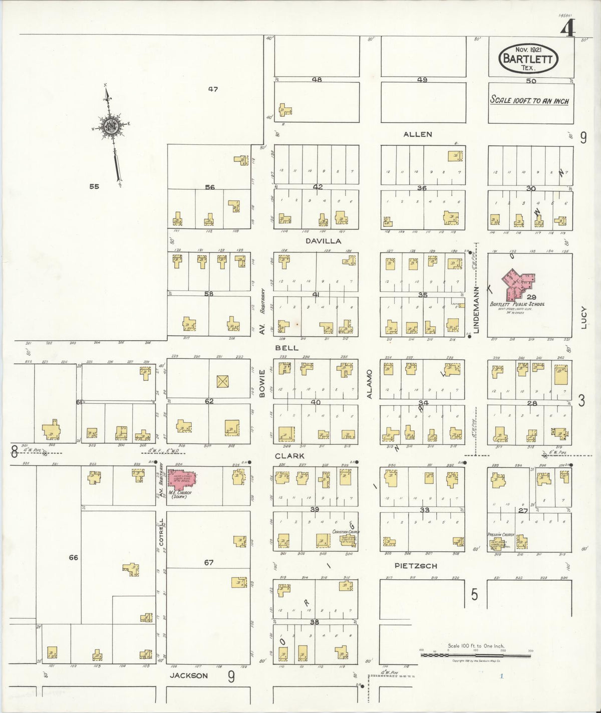 Sanborn Fire Insurance Map from Bartlett, Bell and Williamson Counties, Texas (1921), Sheet #0004 - Historic Sanborn Fire Insurance Map Print, vintage old map wall art, antique decor, genealogy gift, Texas Texas map
