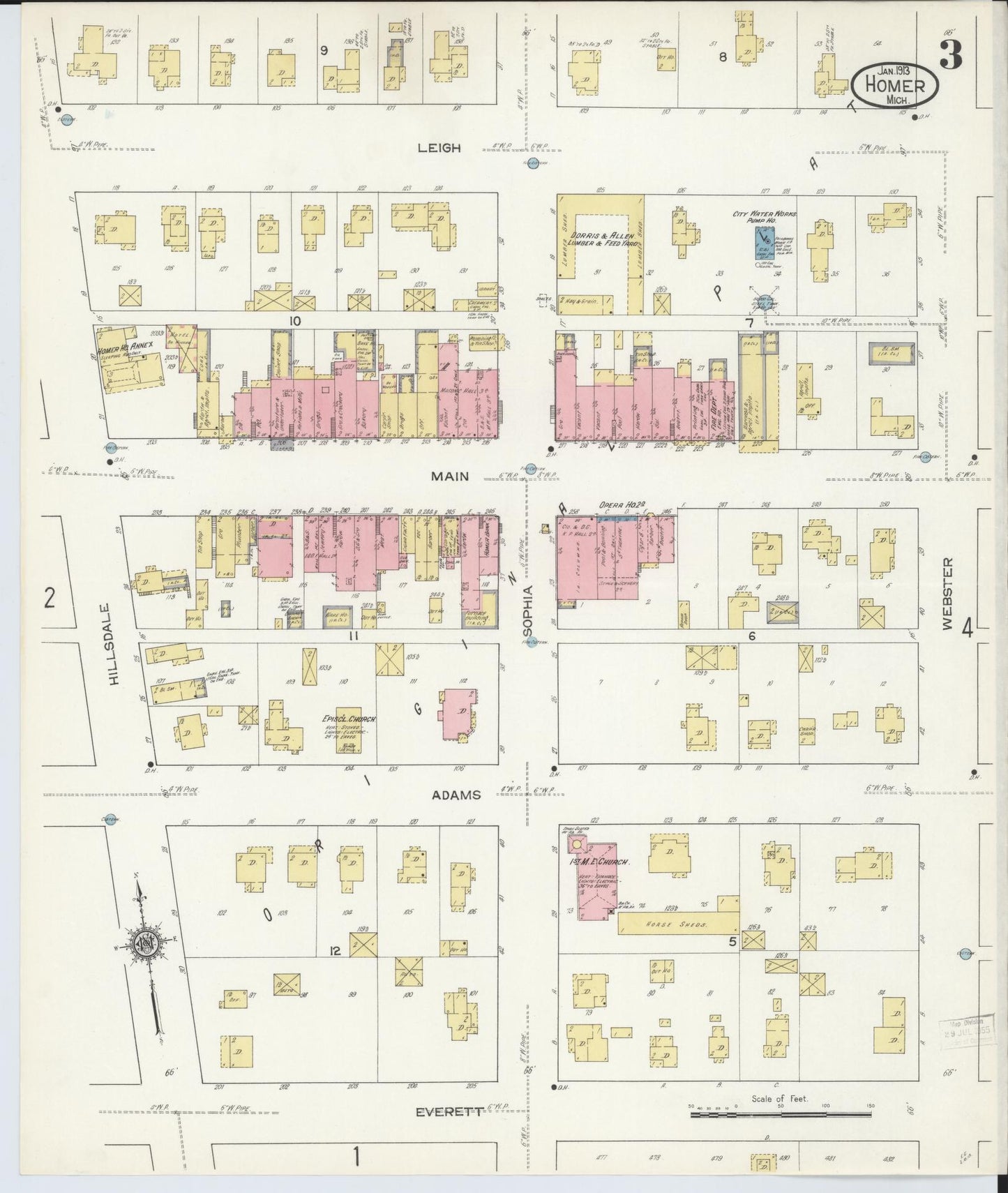 Sanborn Fire Insurance Map from Homer, Calhoun County, Michigan (1913), Sheet #0003 - Complete Map Set gallery image, historic Sanborn map, vintage wall art, Michigan Michigan