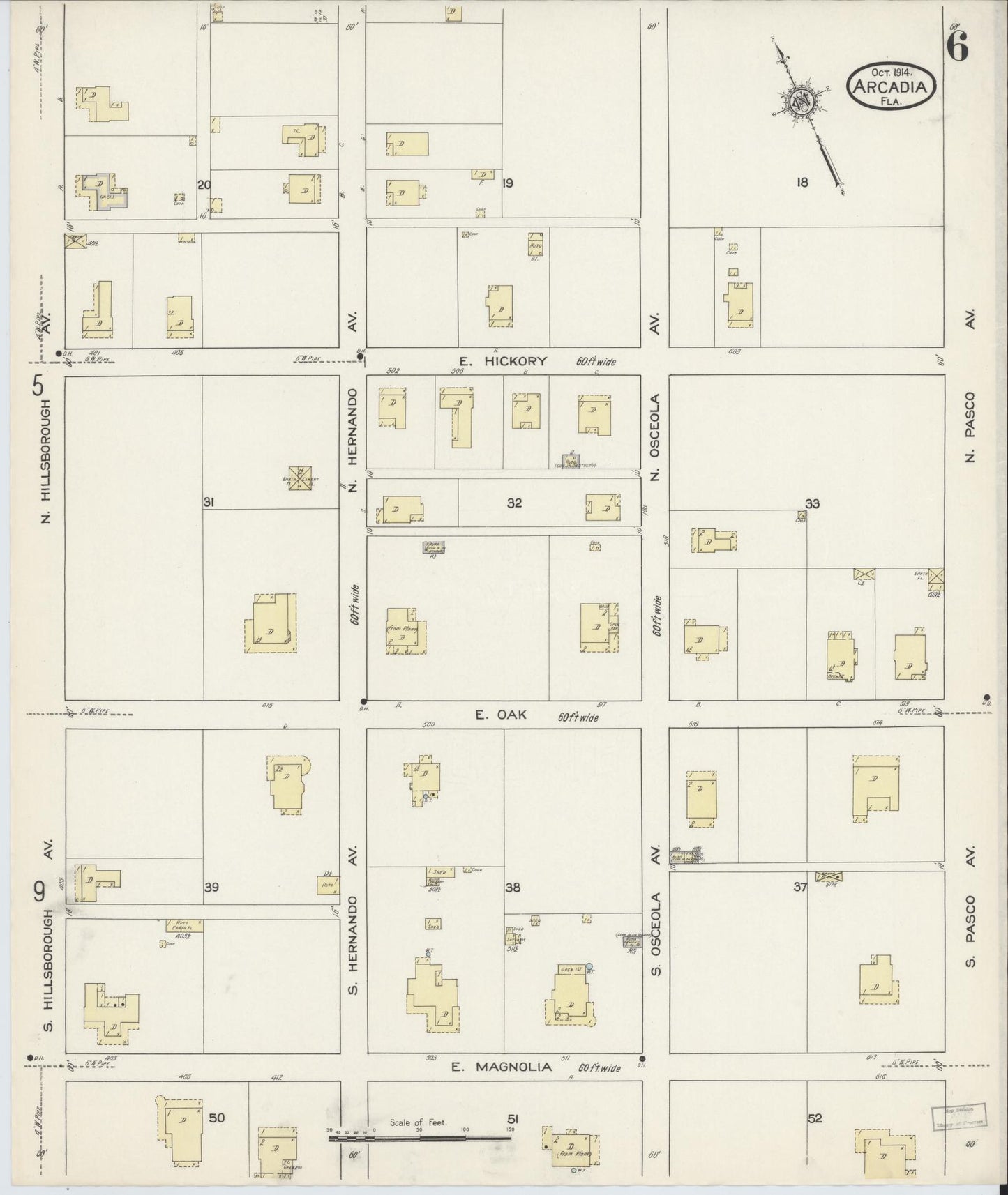 Sanborn Fire Insurance Map from Arcadia, DeSoto County, Florida (1914), Sheet #0006 - Historic Sanborn Fire Insurance Map Print, vintage old map wall art, antique decor, genealogy gift, Florida Florida map