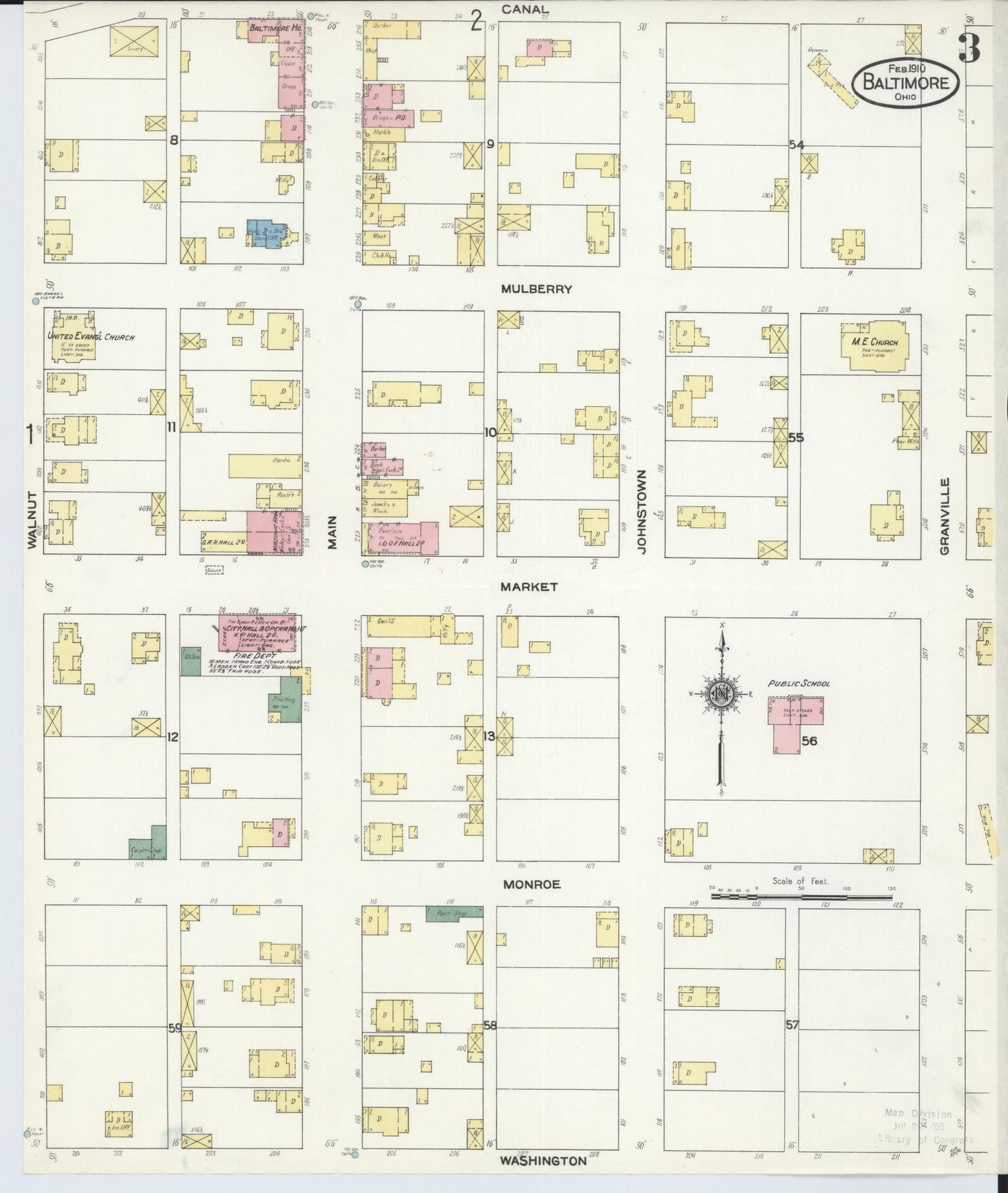 Sanborn Fire Insurance Map from Baltimore, Fairfield County, Ohio (1910), Sheet #0003 - Historic Sanborn Fire Insurance Map Print, vintage old map wall art, antique decor, genealogy gift, Ohio Ohio map