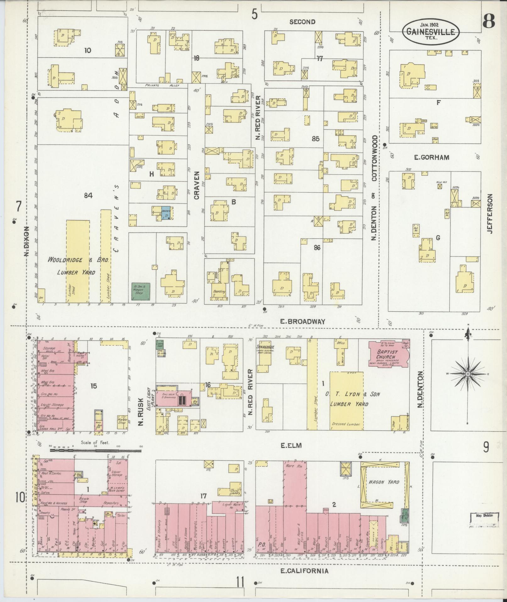 Sanborn Fire Insurance Map from Gainesville, Cooke County, Texas (1902), Sheet #0008 - Historic Sanborn Fire Insurance Map Print, vintage old map wall art, antique decor, genealogy gift, Texas Texas map