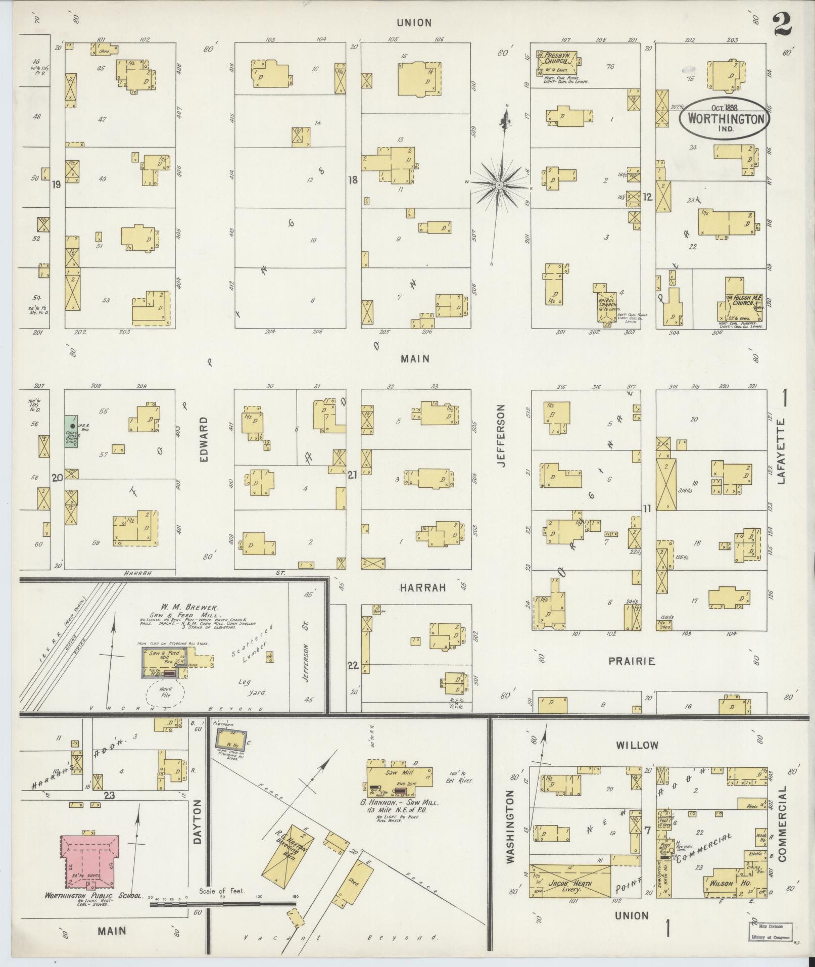 Sanborn Fire Insurance Map from Worthington, Greene County, Indiana (1898), Sheet #0002 - Complete Map Set gallery image, historic Sanborn map, vintage wall art, Indiana Indiana