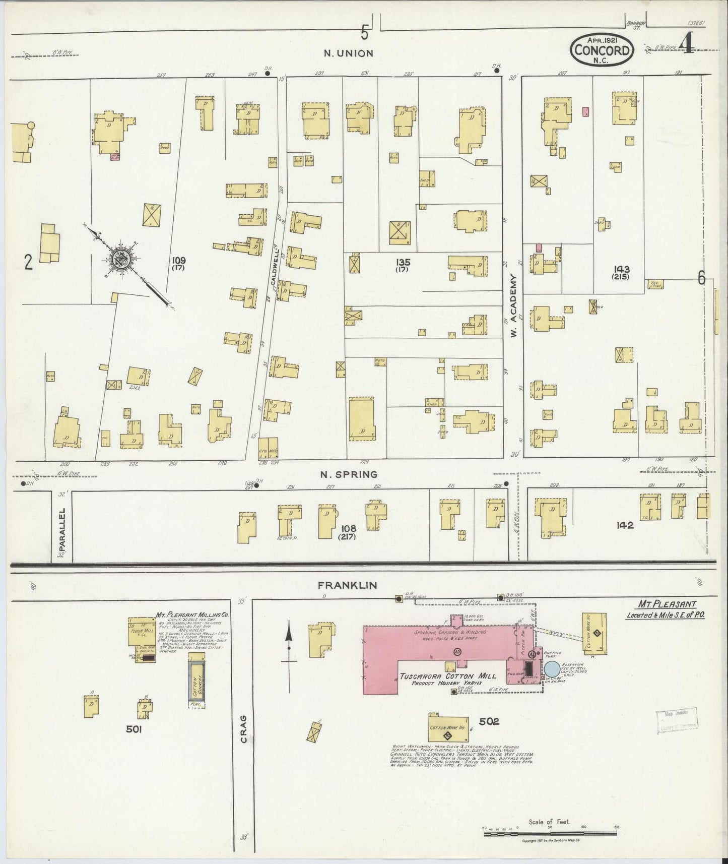Sanborn Fire Insurance Map from Concord, Cabarrus County, North Carolina (1921), Sheet #0004 - Complete Map Set gallery image, historic Sanborn map, vintage wall art, North Carolina North Carolina