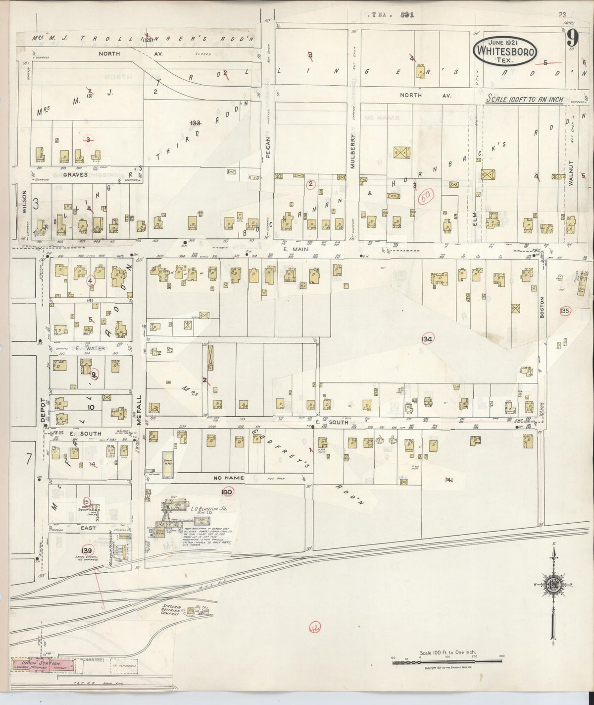 Sanborn Fire Insurance Map from Whitesboro, Grayson County, Texas (1943), Sheet #0009 - Historic Sanborn Fire Insurance Map Print, vintage old map wall art, antique decor, genealogy gift, Texas Texas map