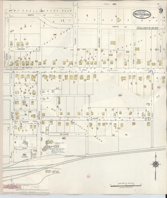 Sanborn Fire Insurance Map from Whitesboro, Grayson County, Texas (1943), Sheet #0009 - Historic Sanborn Fire Insurance Map Print, vintage old map wall art, antique decor, genealogy gift, Texas Texas map