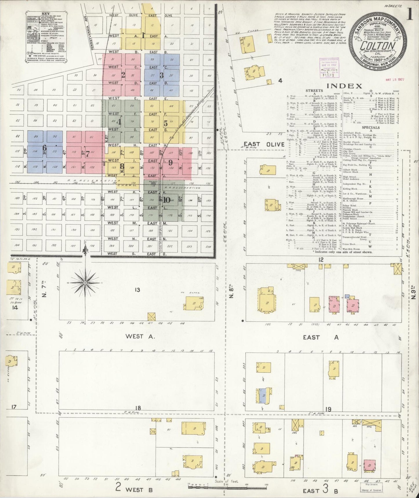 Sanborn Fire Insurance Map from Colton, San Bernardino County, California (1907), Sheet #0001 - Historic Sanborn Fire Insurance Map Print, vintage old map wall art, antique decor, genealogy gift, California California map